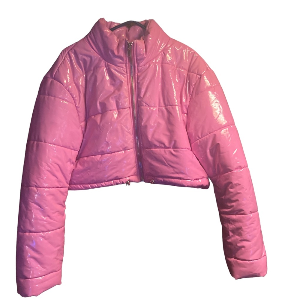 Bubble gum pink patent leather crop bubble coat